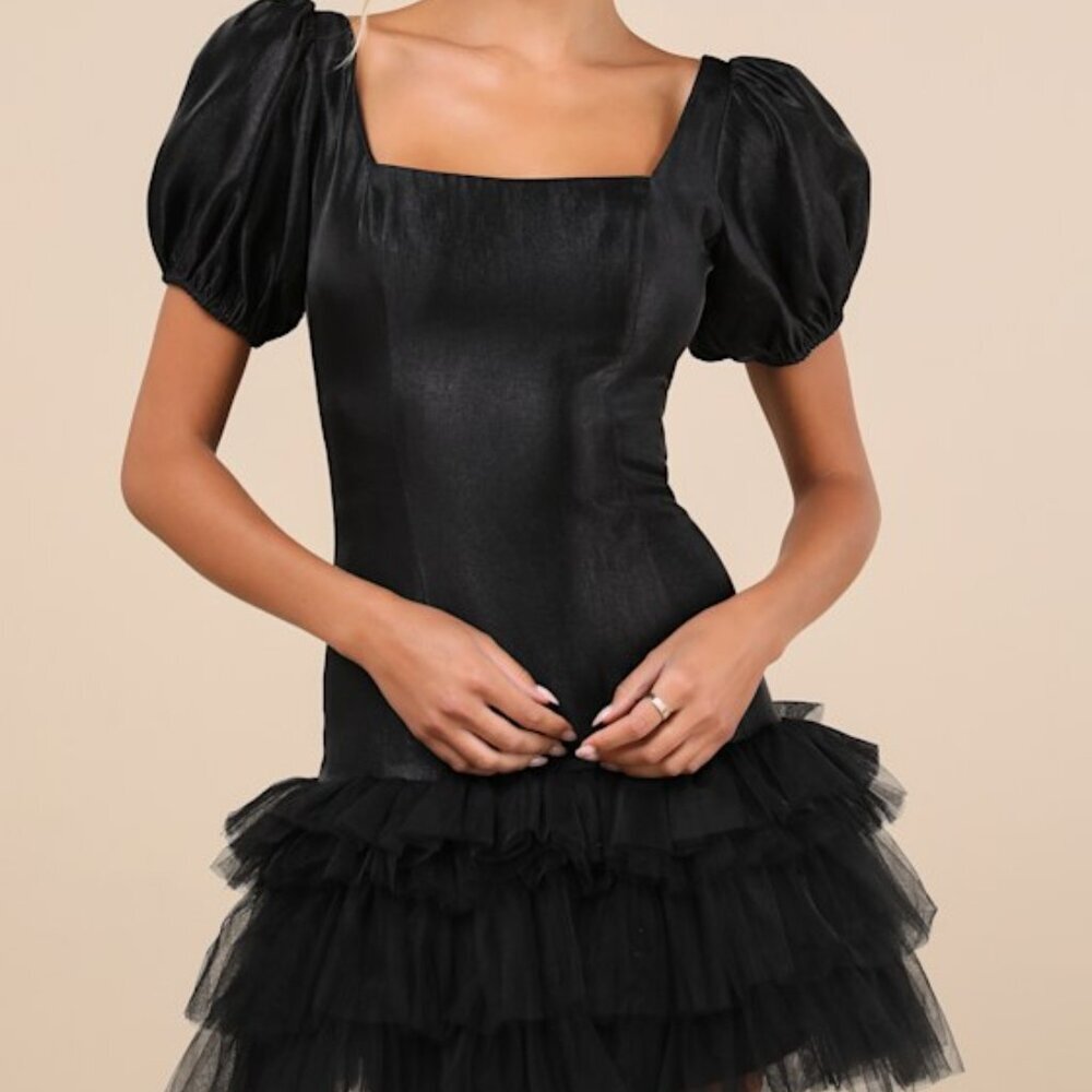 Lulus Notably Fabulous Black Taffeta Tiered Puff Sleeve Mini Dress - Size XS - Picture 2 of 5